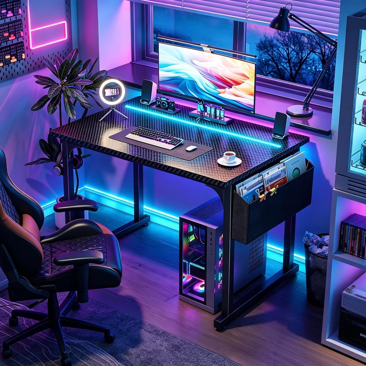 Romorgniz 32 Inch Computer Desk with LED Lights for Small Spaces, Home Office Desk with Storage Bag, Headphone Hook, Black