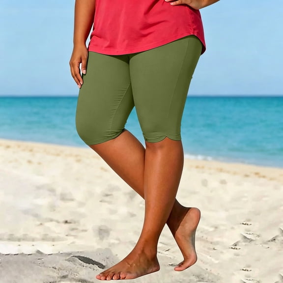Eiyaclvo Plus Size Biker Shorts Women Knee Length Elastic Waist Slim Fit Gym Yoga 5 Inseam Shorts Running Athletic Workout Shorts