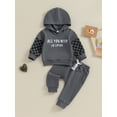 thumbnail image 2 of Suealasg Toddler Baby Boys Fall Tracksuit Outfits Clothes 6M 1T 2T 3T Kids Boys Long Sleeve Hooded Plaid Letters Print Hoodie Elastic Waist Sweatpants 2PCS Casual Autumn Clothing for Children Boys, 2 of 9