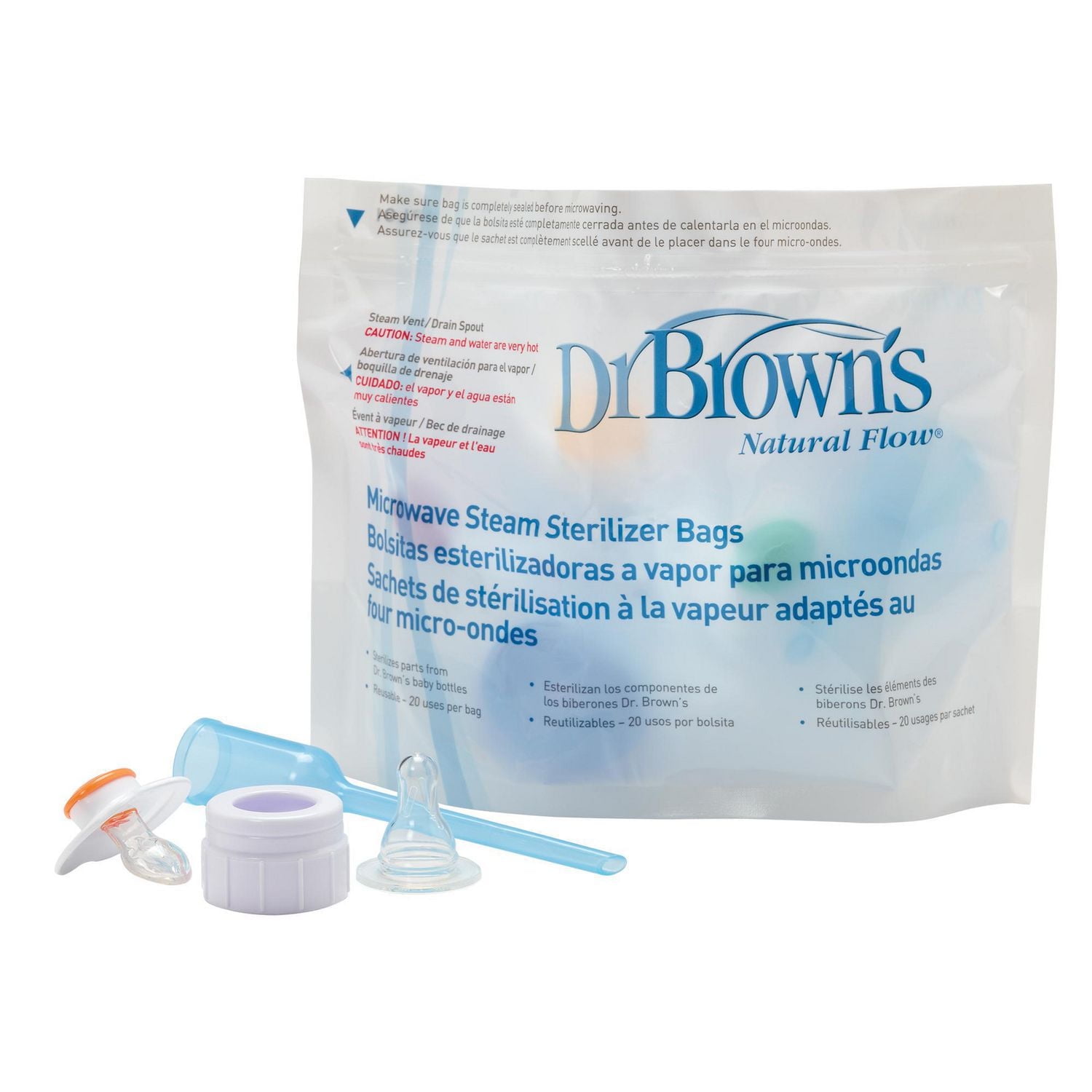 Dr. Brown's™ Microwave Steam Sterilizer Bags for Baby Bottles, Nipples, Bottle Parts, Pacifiers, Teethers and Breast Pump Parts - 5-Pack