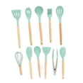thumbnail image 3 of Juego de utensilios de cocina de 12 piezas Juego de utensilios de cocina de silicona con soporte Mango de madera para artículos esenciales para el hogar Utensilios de cocina antiadherentes Verde, 3 of 14