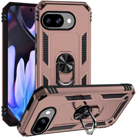 TJS for Google Pixel 9A Phone Case, Impact Resistant Hybrid Metal Ring Magnetic Support Kickstand Cover (Rose Gold)