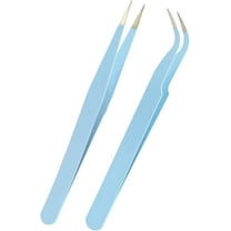 2Pcs Lash Tweezers, Stainless Steel Eyelash Extension Tweezers Straight and Curved Tip Eyelash Tweezers (Blue)
