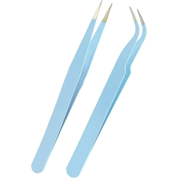 2Pcs Lash Tweezers, Stainless Steel Eyelash Extension Tweezers Straight and Curved Tip Eyelash Tweezers (Blue)