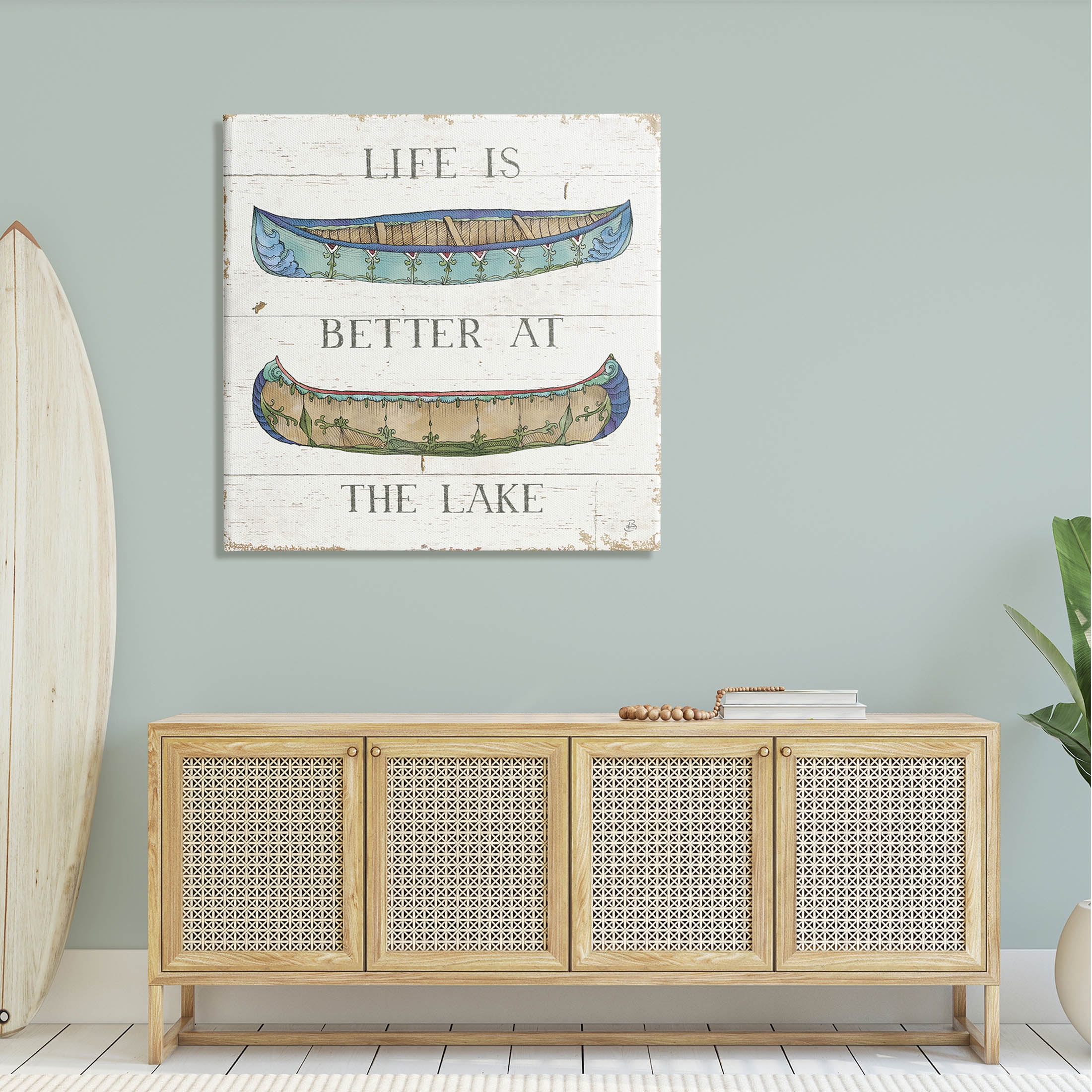 Stupell Industries Life Better at Lake Weathered Canoes Graphic Art Gallery Wrapped Canvas Print Wall Art, Design by Daphne Brissonnet