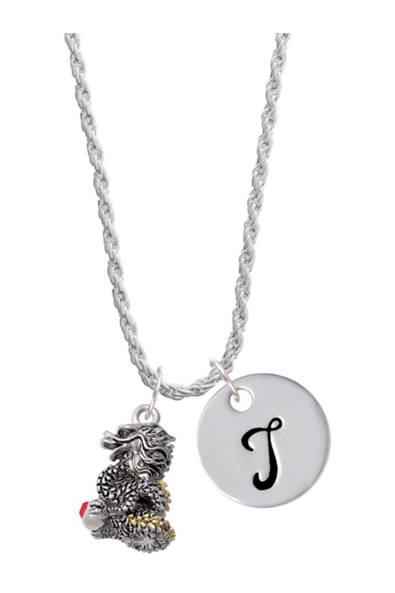Two-tone Dragon with Red Crystals Silvertone Script Initial Disc - T - Charm Necklace, 20"+3"