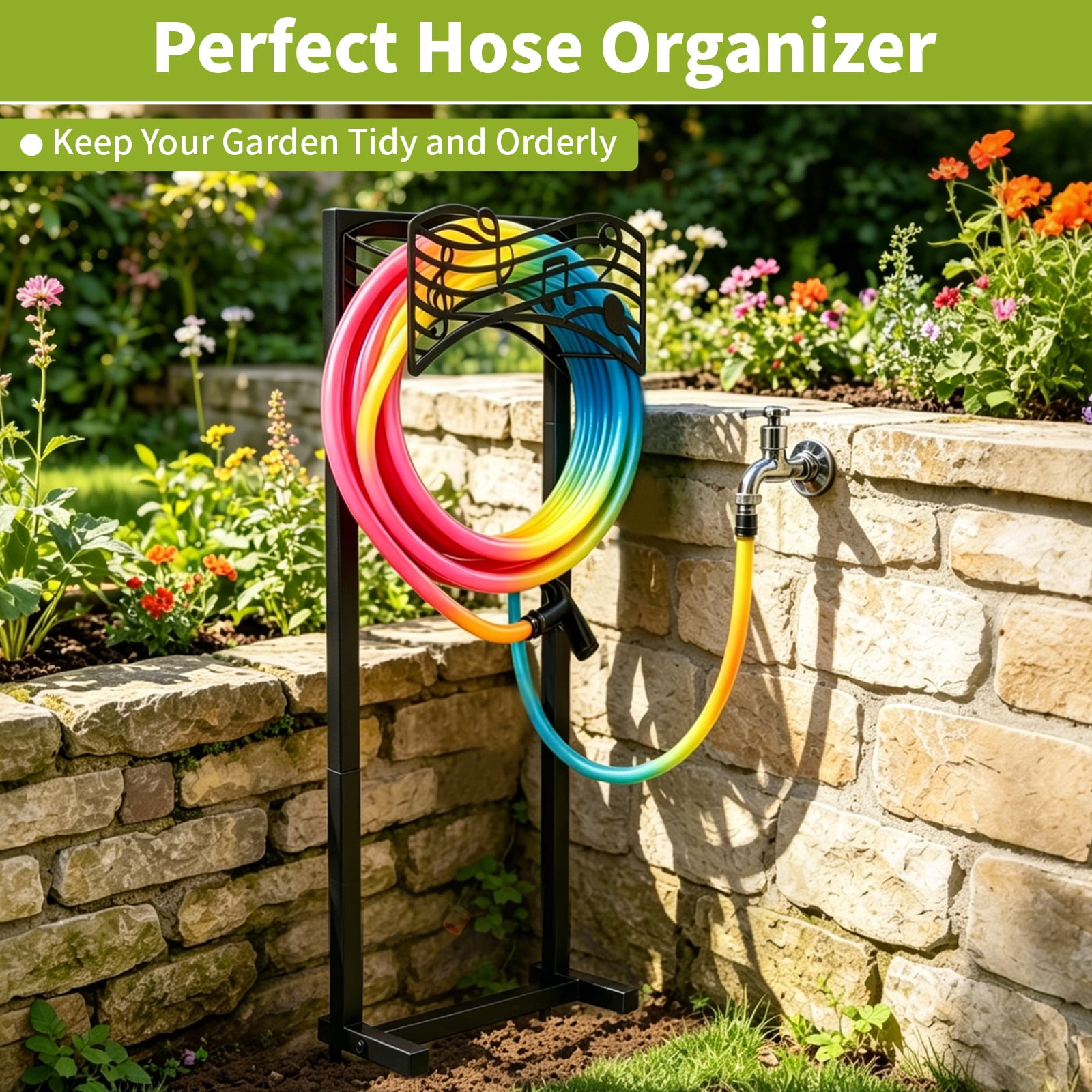 Goobetter Garden Hose Holder for Outside Freestanding, Decorative Water Hose Stand Heavy Duty with 4 Spikes, Metal Hose Reels Hanger Storage for 150-Feet Hoses Hose Rack Stake for Lawn Yard