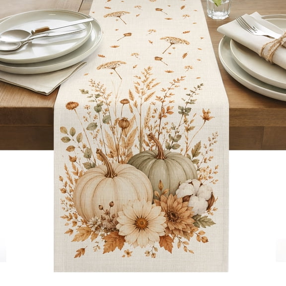 Pumpkins Fall Table Runner Vintage Floral Thanksgiving Rustic Tablerunners 14 x 72 Inch, Table Decorations Tabletop Scarf for Summer Gathering Holiday Farmhouse Kitchen Dining Decor