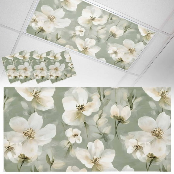 4 Pack Vintage Magnolia Fluorescent Light Covers for Ceiling Lights White Blooming Floral Watercolor Green Magnetic Ceiling Light Covers Overhead Light Filters for Office Classroom Home