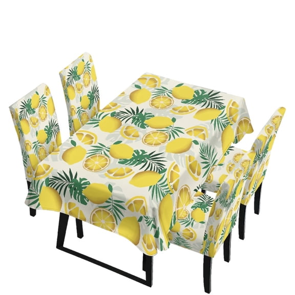 Xoenoiee Lemon Palm Leaves Print 5 Pcs Table Cloth with Chair Covers Set Easy-Clean Elastic Rectangle Tablecloth with Seat Slipcover Set of 4 for Home Restaurant Hotel Decor