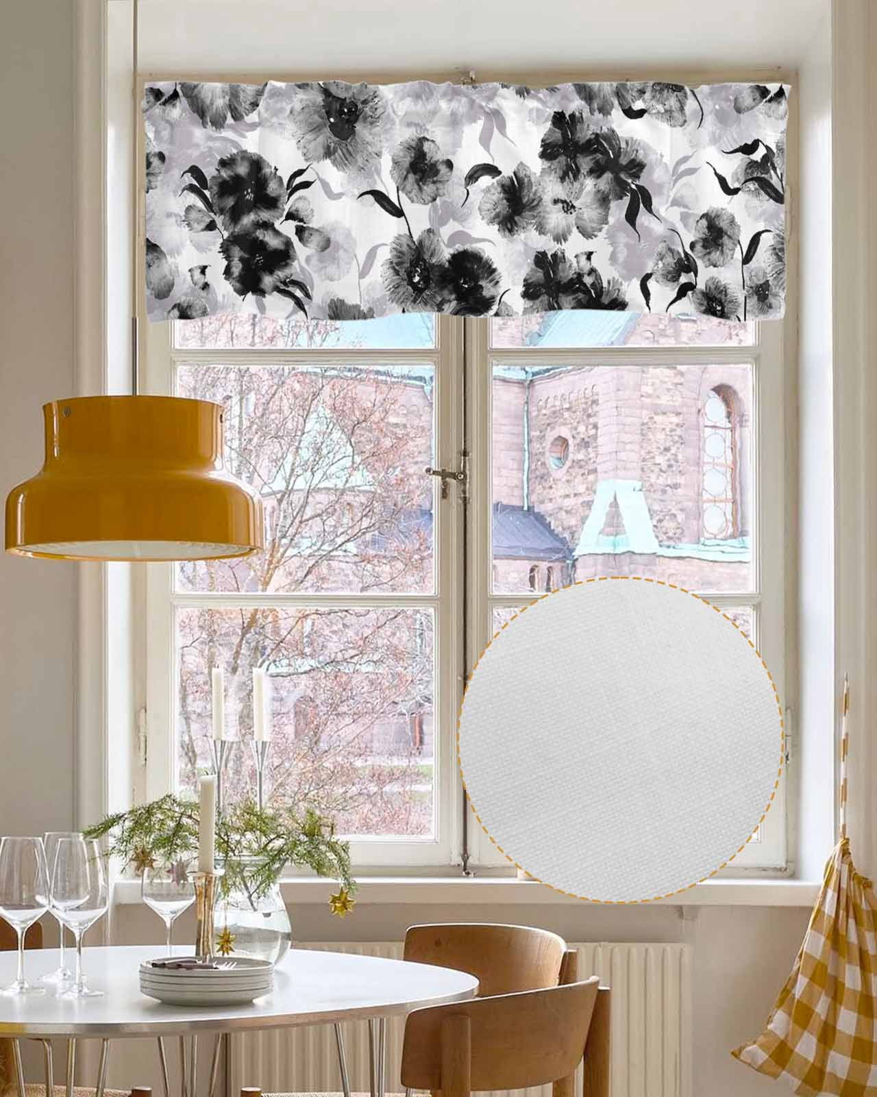 Black Grey Flower Linen Curtain Valance for Bedroom/Bathroom/Kitchen/Office/Living/Dining Room Windows, Watercolor Blossom Botanical Plant Rod Pocket Topper Decorative Cafe Drapes Panel 42"x18"