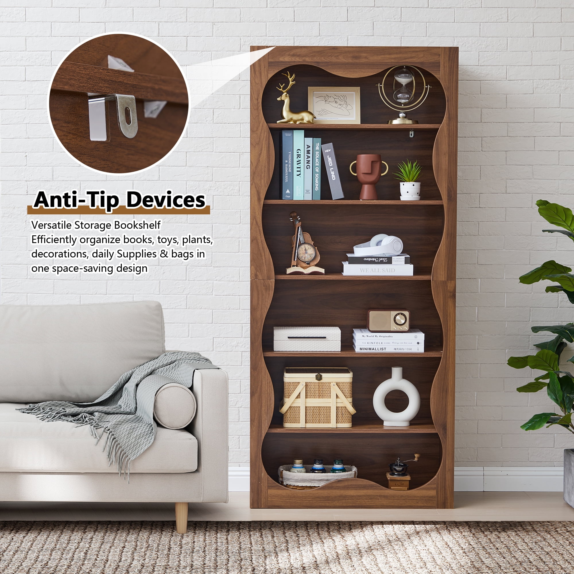 YOCWO 70" Tall Bookcase with Wave Design, 6 Tier Wooden Bookshelf with Open Storage for Office, Walnut