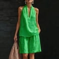 thumbnail image 2 of Guluxicc 2 Piece Womens Outfit Sets Linen Halter Neck Sleeveless Deep V Neck Top High Waist Pleated Shorts Outfits with Pockets for Summer Casual Wear, 2 of 5
