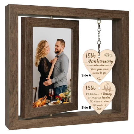 15th Anniversary Picture Frame Holds Two 4×6 Inch Photos Rustic Wood Decor