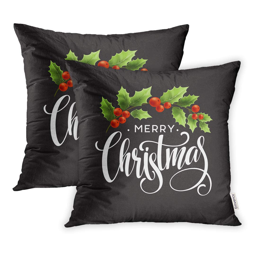 YWOTA Red Wreath Merry Christmas Lettering Holly Berry Green Border Pillow Cases Cushion Cover