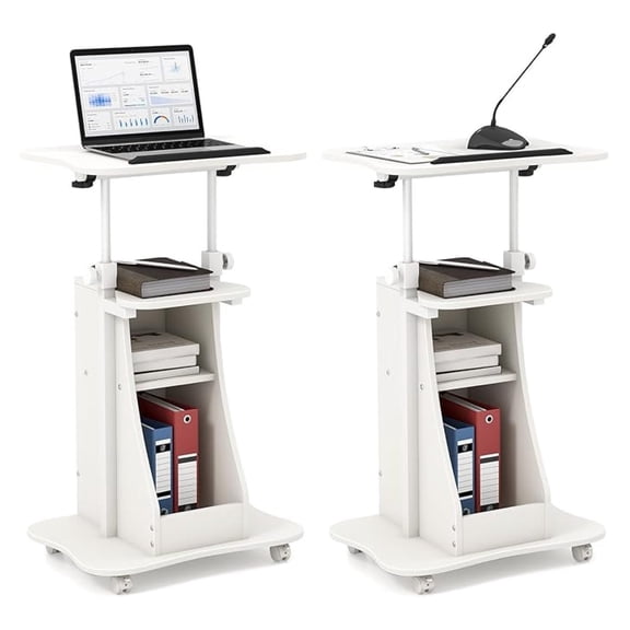 Mobile Teacher Podium 2-Pack, Sit to Stand Adjustable Lectern Cart with Wheels, Rolling Laptop Desk for Classroom, Church, Conference - White