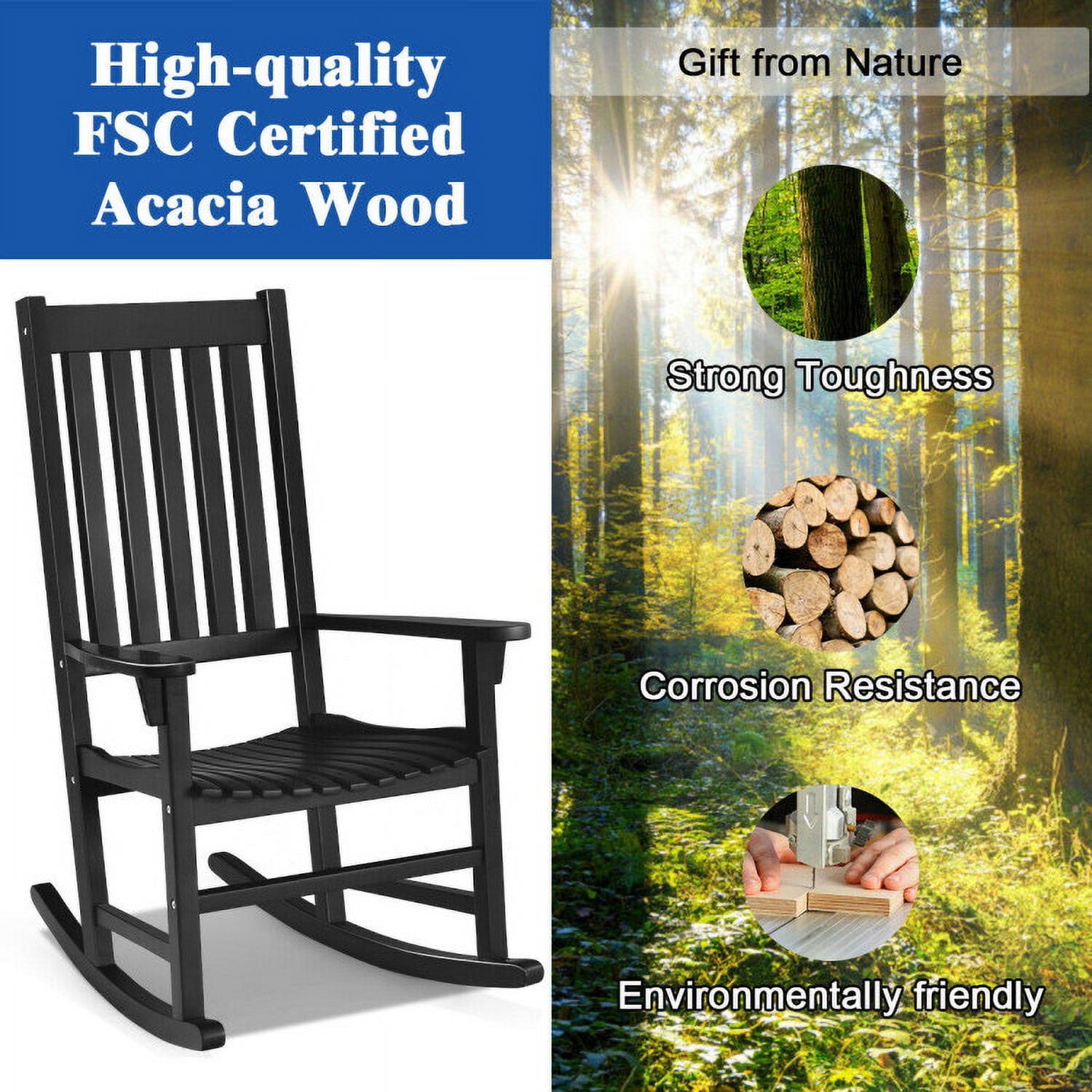 Aimee Lii Outdoor Rocking Chair, Patio Wooden Rocker Chair for Lawn, Porch, Backyard, Indoor and Garden, Black