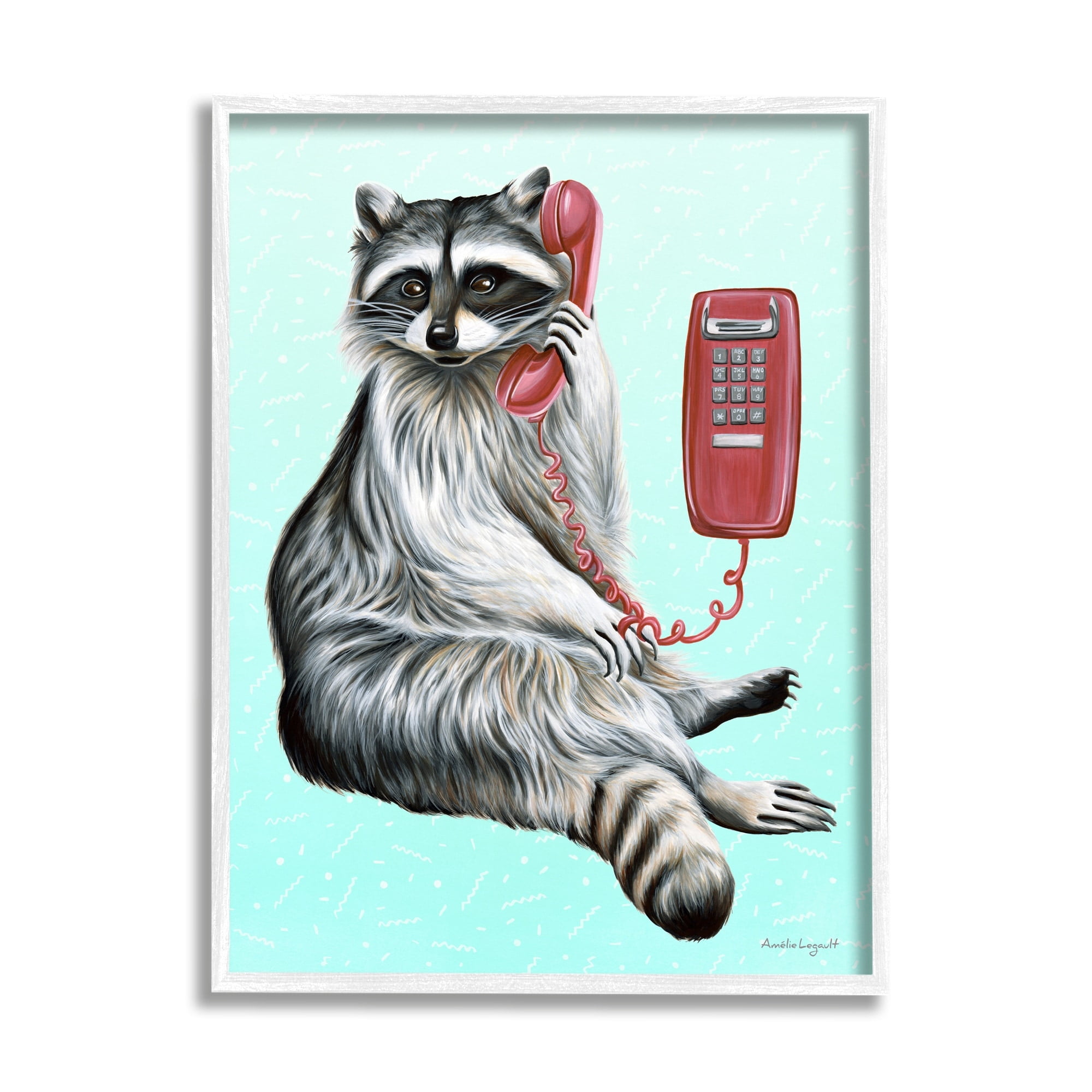 Stupell Industries Raccoon Lounging Cord Phone Vivid Turquoise Background Graphic Art White Framed Art Print Wall Art, Design by Amelie Legault