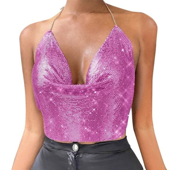 Baberdicy Sequin Tops for Women, Women Chain Clothes Beading Tassel Sleeveless Backless Crop Top Club Vintage Tank Tops Women's Tanks & Camis Hot Pink