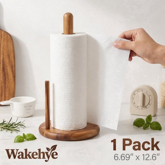 Wood Paper Towel Holder Countertop, Acacia Decorative Farmhouse Paper Roll Stand with Non-Slip Base for Standard and Jumbo Rolls