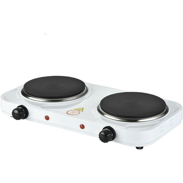 Compact and Portable Countertop Burner- Countertop Double Cast Iron Burner 2000 Watts Electric Hot Plate Temperature Controls White