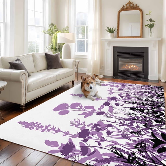 6'x9' Area Rugs, Purple Flowers Indoor Outdoor Area Rug for Living Room Bedroom, Spring Farmhouse Botanical Floral Herbs Washable Bathroom Rugs Kitchen Floor Carpet Mats Home Decor Aesthetic
