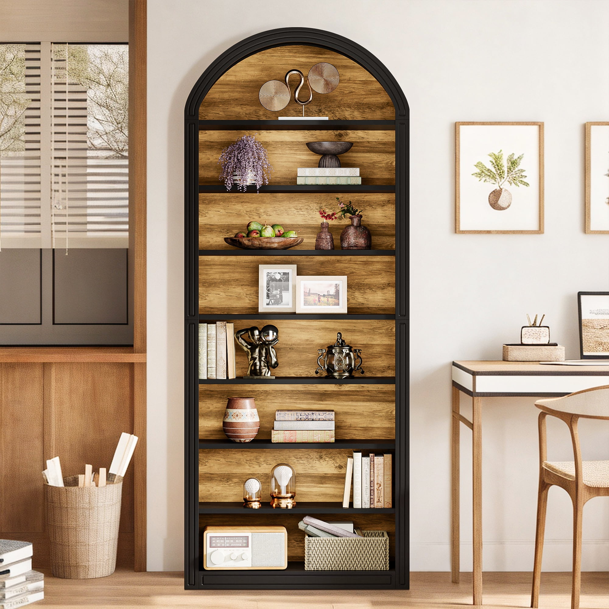 Demi Bonn 78.7" Bookshelf, 8-Tier Wooden Arched Bookcase Display Shelving Unit for Bedroom, Living Room, Black
