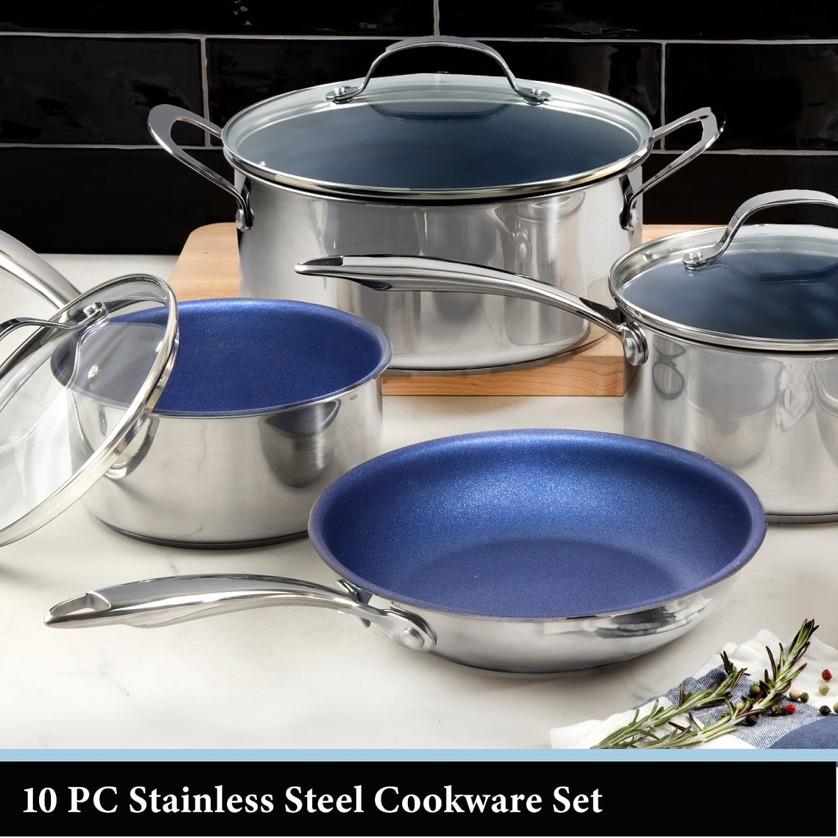 Granitestone Pro Stainless-Steel Pots & Pans Set Nonstick, Tri-Ply Base, 10 Piece Blue Nonstick Cookware Set includes Frying Pans, Stock Pots & Skillets, Dishwasher and Induction Safe