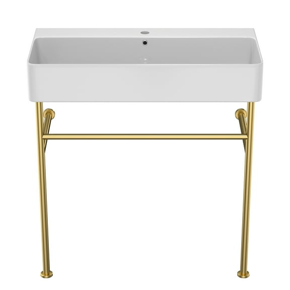 Kichae 31.5"x16.3"x5" White Console Sink Ceramic Bathroom Vanity Pedestal Sinks with Gold Stainless Pedestal