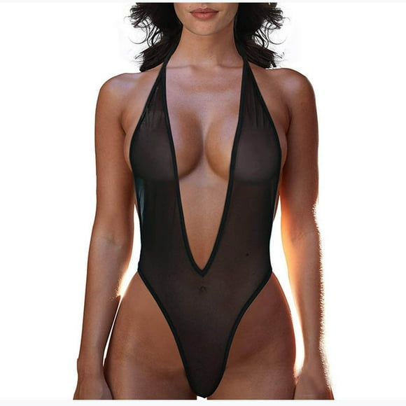 Ersazi Lingerie Women's Sexy Bodysuit Transparent Thong Bodysuit In Clearance Black M