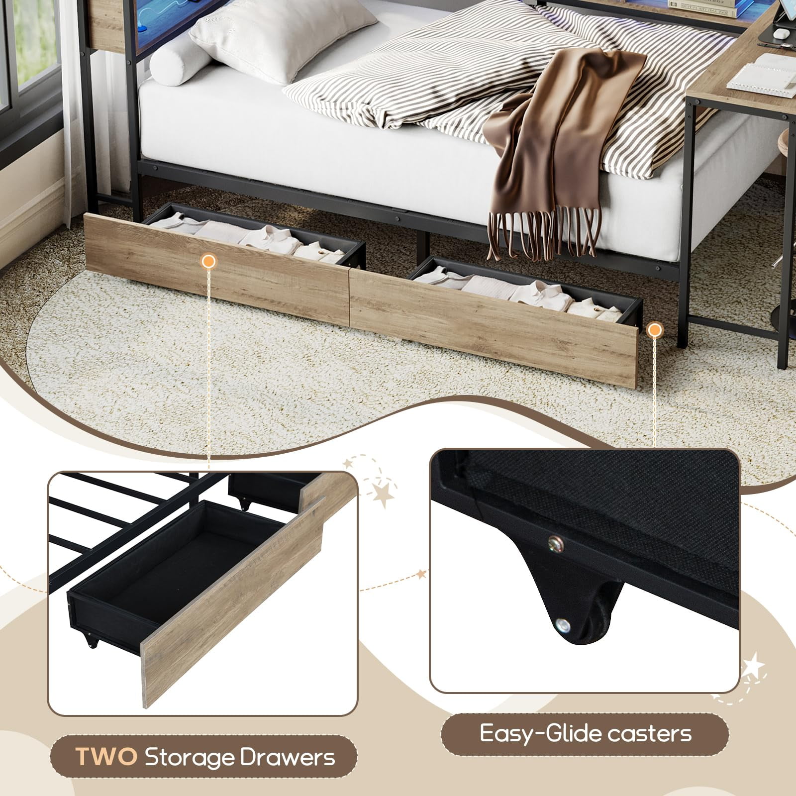 Miniyam Full Size Daybed with Desk and Bookcase Headboard, LED Light Bed with Charging Station and Storage Drawers for Teen, Gray