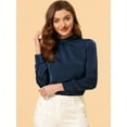 thumbnail image 2 of Blusa Allegra K de Manga Abullonada Plisada con Cuello Alto Suave Sedoso Azul Oscuro L, 2 of 5