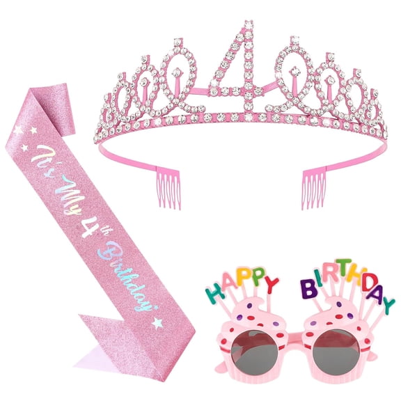 4th Birthday Decorations for Girls, 4th Glitter Sash and Crown Kit with Happy Birthday Sunglasses, Tiara Princess Crown and Sash Party Outfit Accessory