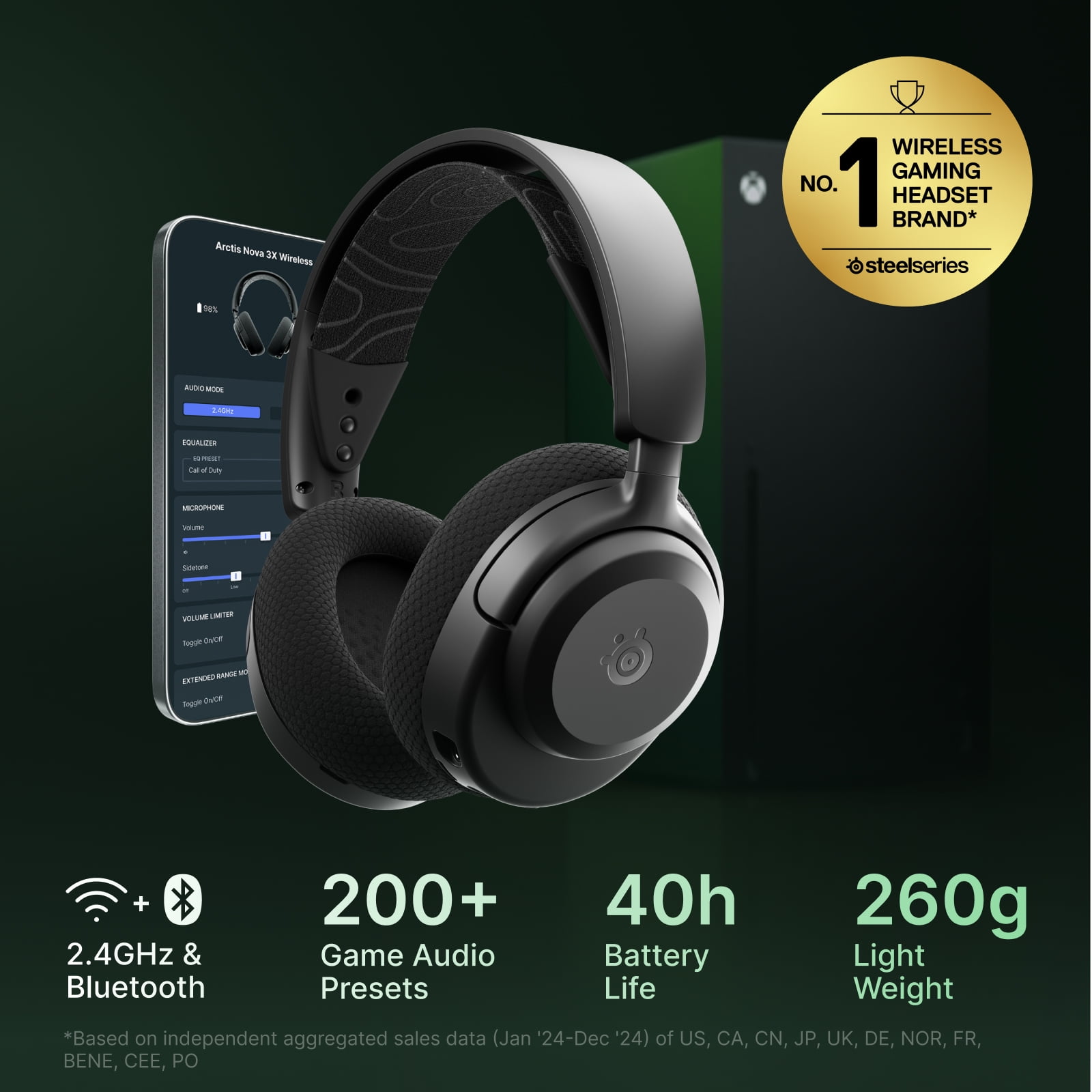 SteelSeries Arctis Nova 3X Wireless Multi-Platform Gaming Headset — Mobile App Control — 40 HR Battery — 2.4GHz/Bluetooth — Detachable Mic — Xbox, PS5, PC, Switch, Mobile — Black