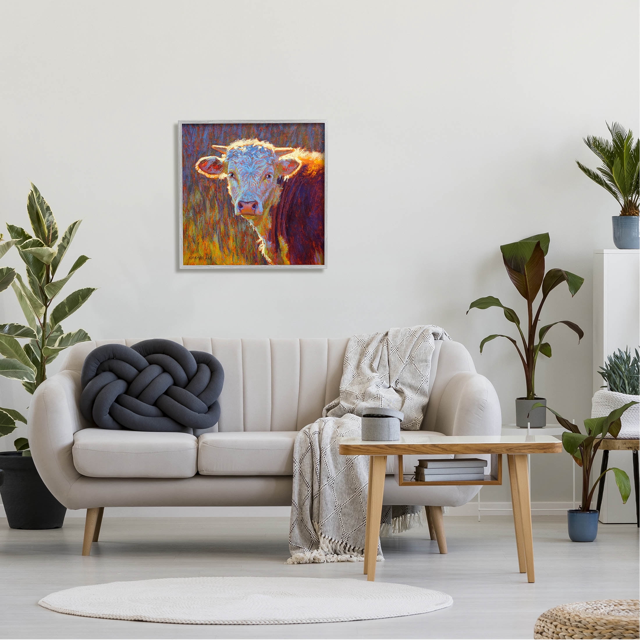 Modern Cow Portrait Impressionist Animals & Insects Painting Gray Framed Art Print Wall Art