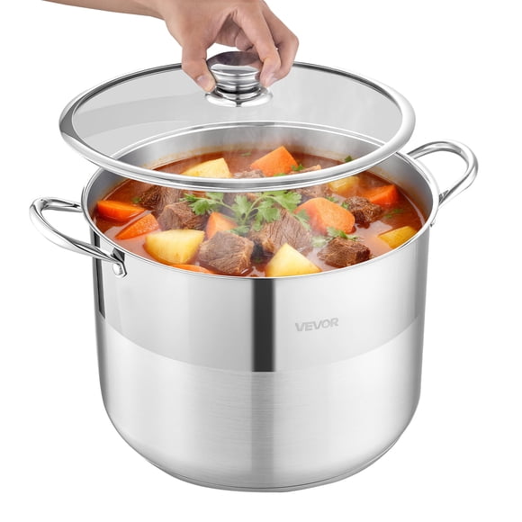VEVOR Stainless Steel Stock Pot, 16-Quart Stainless Steel Stockpot with Glass Lid, PFOA-Free, PFAS-Free, Compatible with Gas Stoves, Induction Cooktops, Electric Stoves, for Soups, Stews, and Pasta