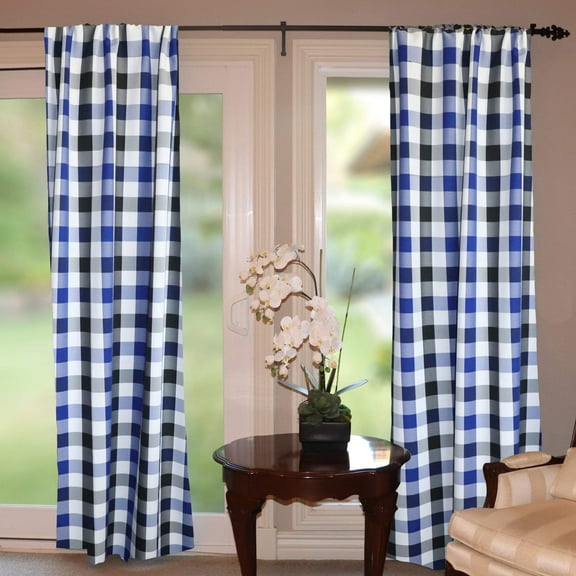 Poplin Buffalo Checkered Window Curtain 56 Inch Wide Black Royal Blue and White