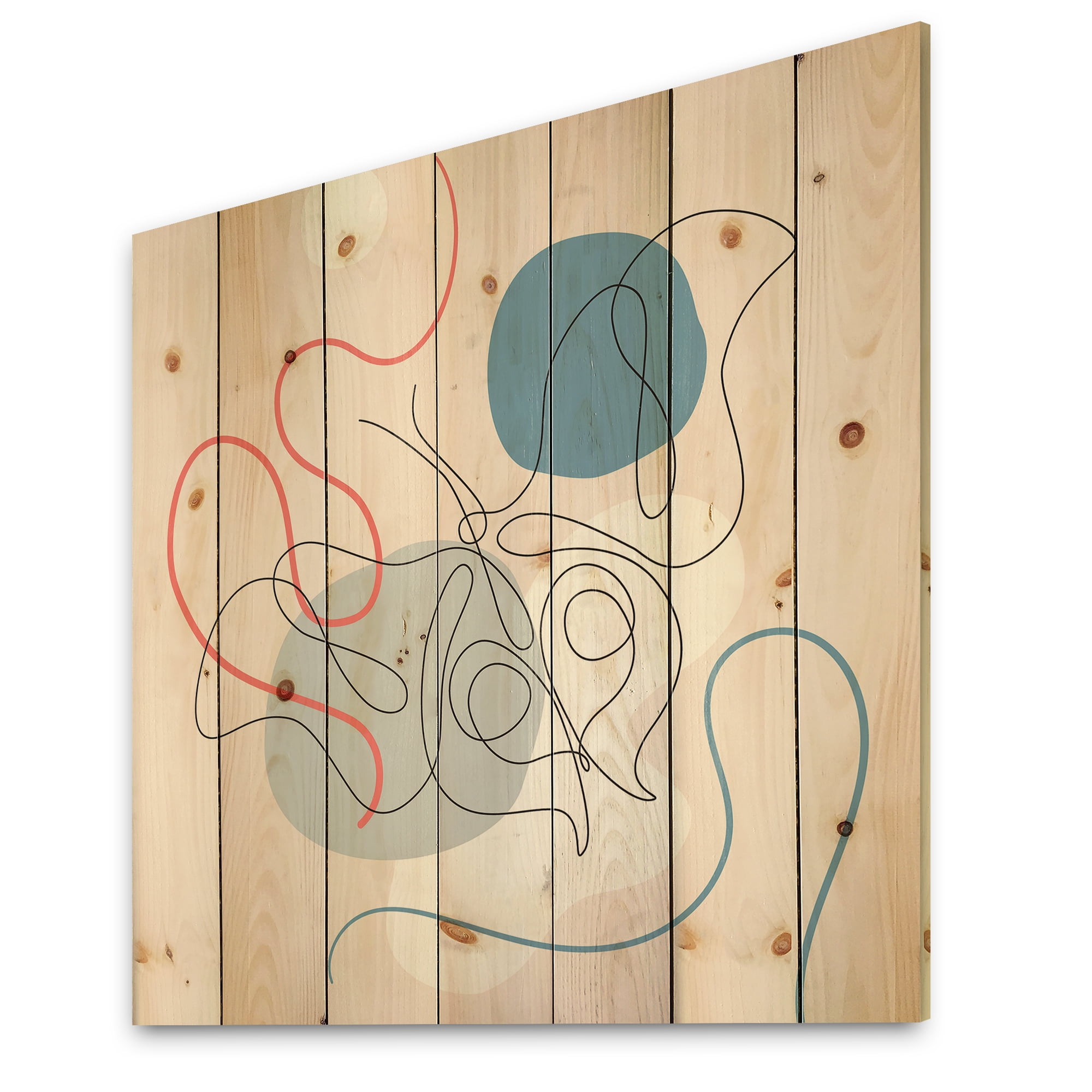 Designart 'Butterfly With One Line Drawing On Cubism Shapes II' Modern Print on Natural Pine Wood