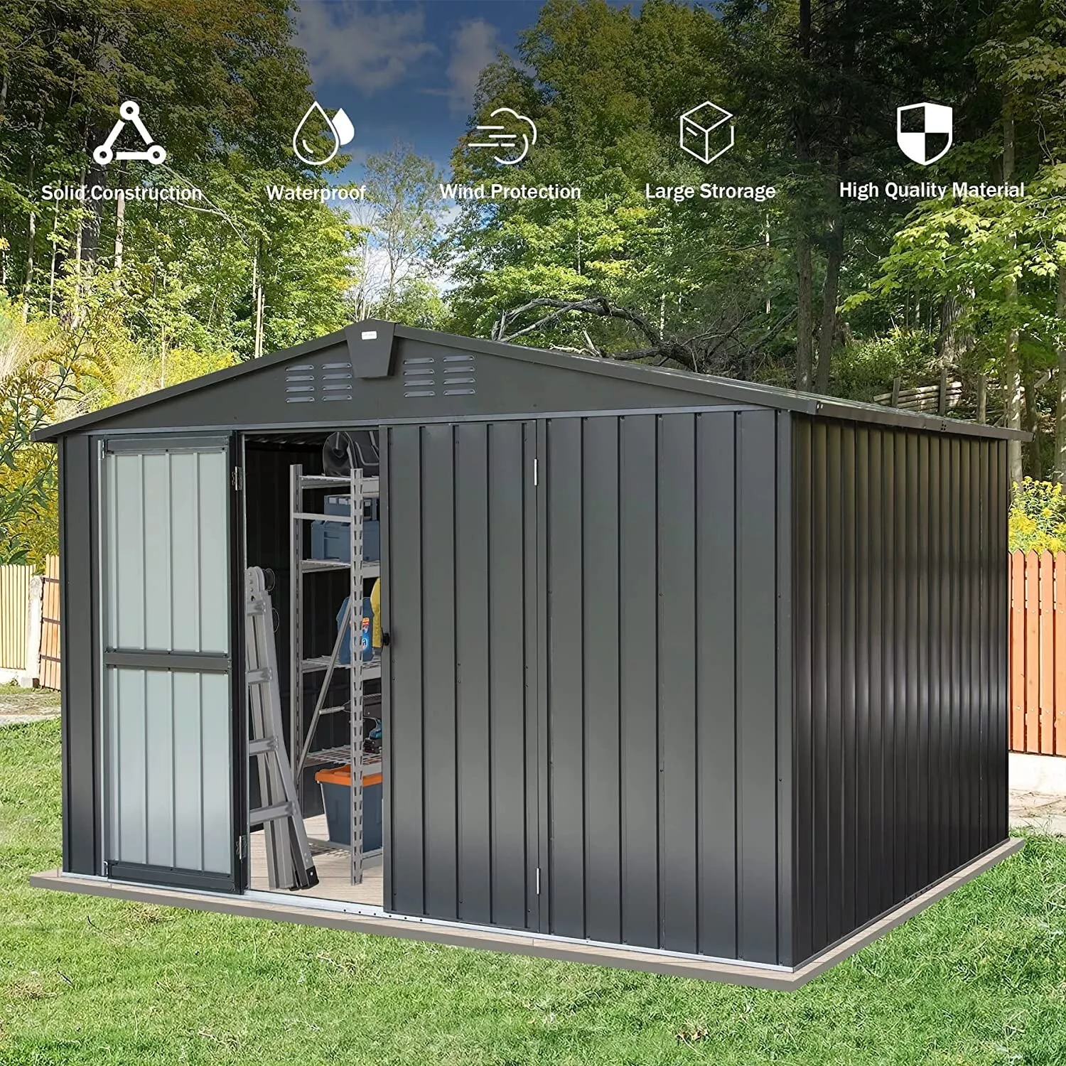 Domi Outdoor 10x 8FT Storage Shed with Lockable Door , Metal Garden Shed for Backyard, Patio, Lawn for Bike, Trash Can, Tools, Lawn Mowers, Pool Toys(Gray)