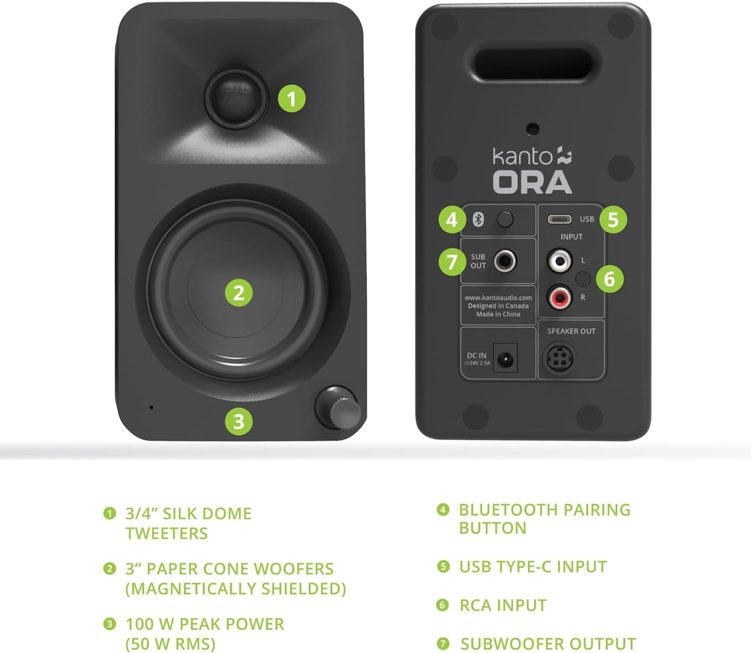 Kanto ORAMB Powered Reference Bluetooth Desktop Speakers - Black Pair with Kanto S2 Angled Desktop Speaker Stands for Small Speakers - Black Pair (2023)