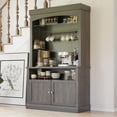 thumbnail image 3 of Coffee Bar Cabinet with LED Lights 72 in Tall Buffet Cabinet with Storage Farmhouse Kitchen Sideboard Tall with Microwave Stand/Wine Rack/Glass Shelf Dining Room (Oak), Black and Brown, 3 of 6