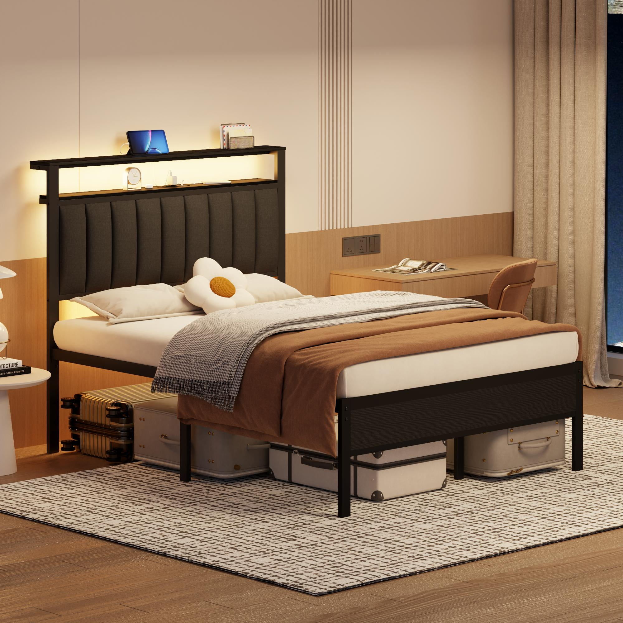 Tydimor Electric Full Size Platforrm Bed Frames with Charging Station, LED Standard Storage Space Bed for Bedroom, No Box Spring Needed