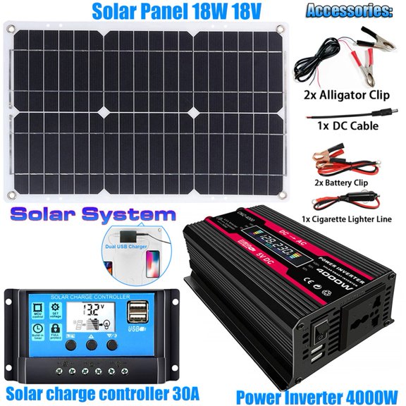 4000W Power Inverter with 18W Solar Panel Kit for Home and Camping