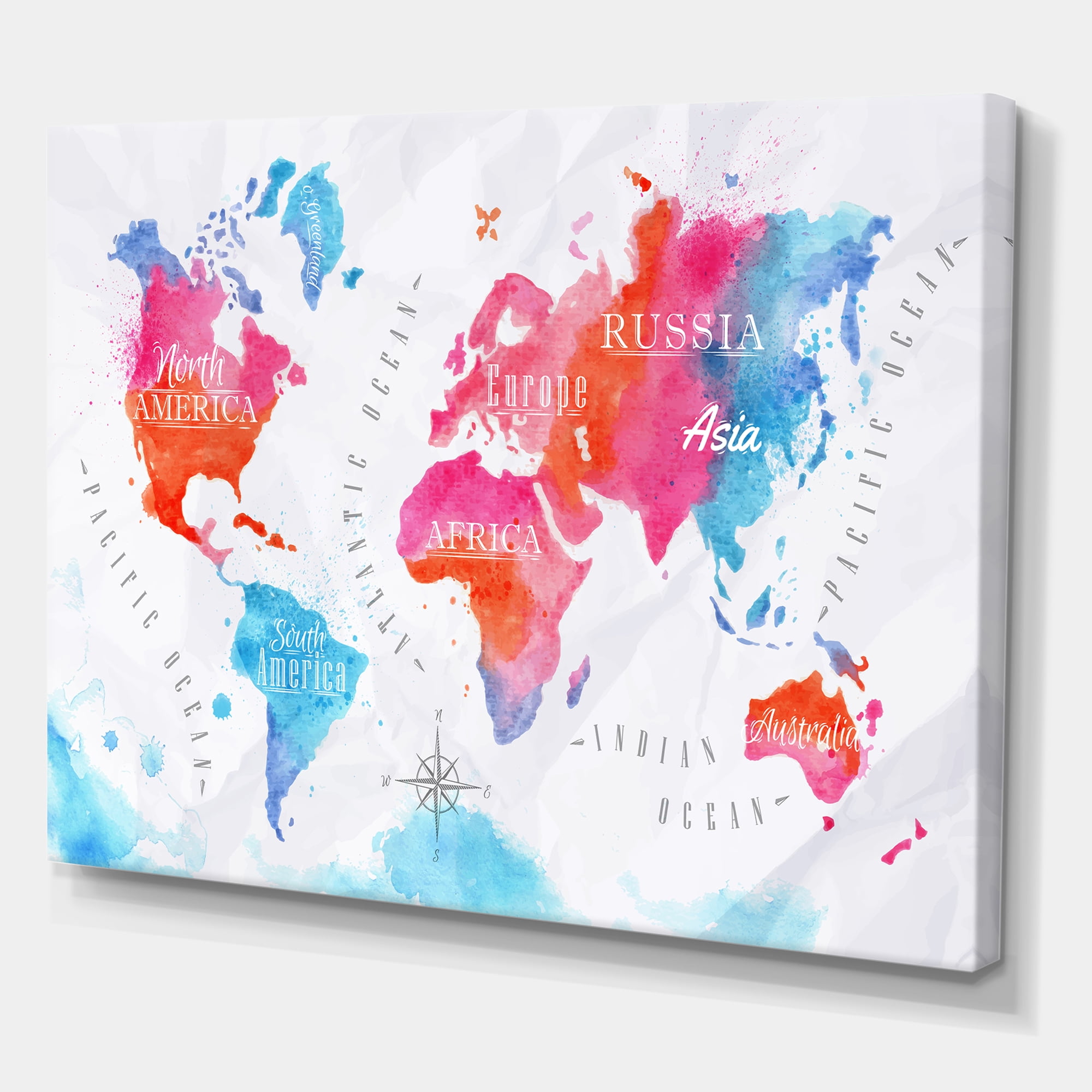 World Map In Blue and Pink 12 in x 8 in Painting Canvas Art Print, by Designart