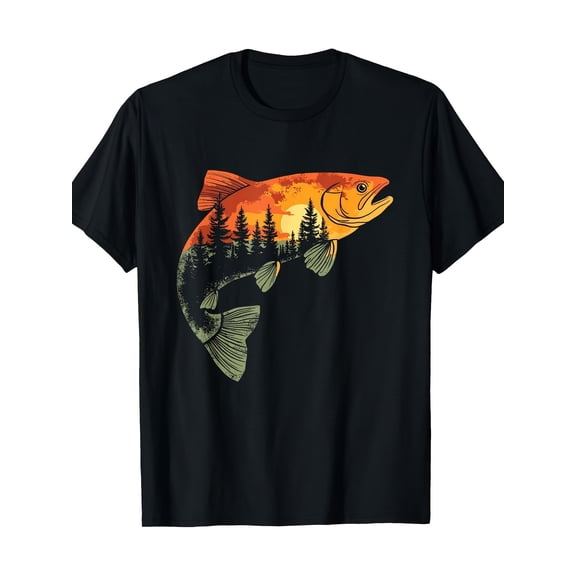 Jumping Trout Fishing Graphic Tee for Men Women, Vintage Sunset River Forest Outdoor Short Sleeve T-Shirt, Casual Crew Neck Top for Angler Fishing Camping Gift