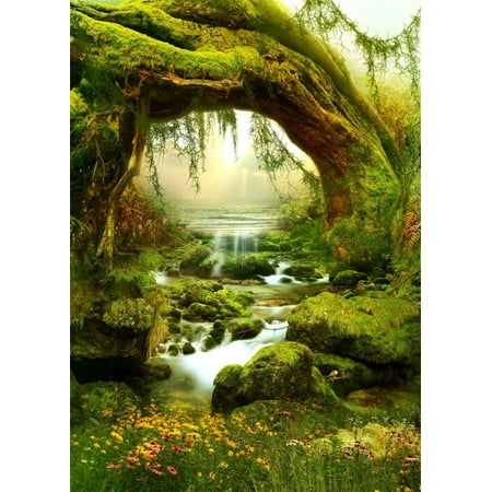 ABPHOTO 5x7ft Photography Backdrop Fairytale Tropical Jungles Landscape Old Tree Stream Green Grass Backdrops for Photo Shoots Lovers Party Game Adult Kids Baby