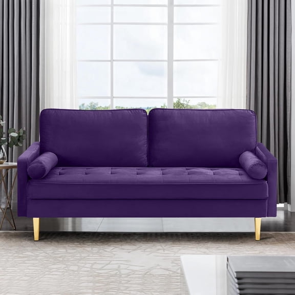 LQLI 67 in Modern Velvet Loveseat Sofa Couch, Mid-Century Tufted Upholstered Small Love Seat Couch with 2 Pillows & 4 Golden Legs, 2-Seats Couches for Compact Space, Living Room, Apartment (Purple)