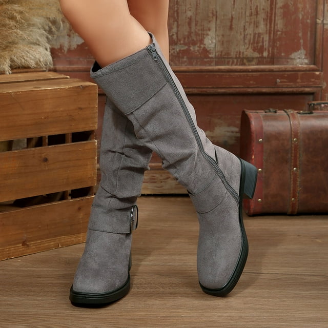 EYWGYA Bottes Hauteur Genou pour Femmes, Bottes à Talon Bas pour Femmes, Bottes à Boucle Multicolores au Style Décontracté et Polyvalent, Bottes Longues Texturées à Talon Tendance pour l'Automne et l'Hiver