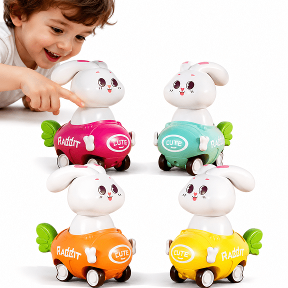 Bobby.Duck 4PCS Toy Cars for Kids, Rabbit Press and Go Pull Back Car, Toddler Toy Cars for Babies 1-3, Animal Vehicle Toys, ABS Safe Push and Go Cars, Birthday Gift for Boys Girls