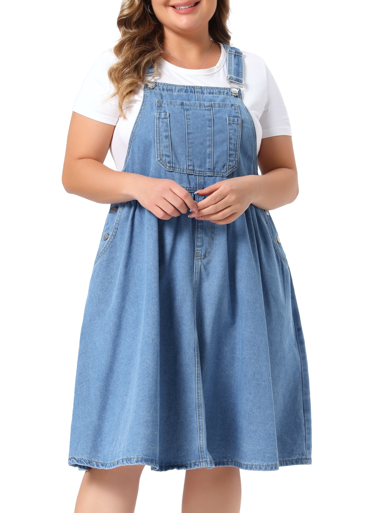 DARING DIVA Women's Plus Denim Overalls Jumper Jean Midi Dress 3X Light Blue